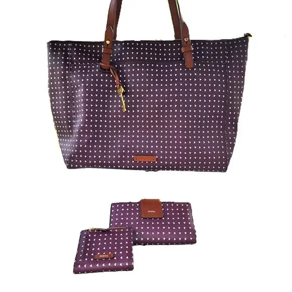 Fossil Rachel Hearts Vegan Leather Tote & BiFold Wallets Set